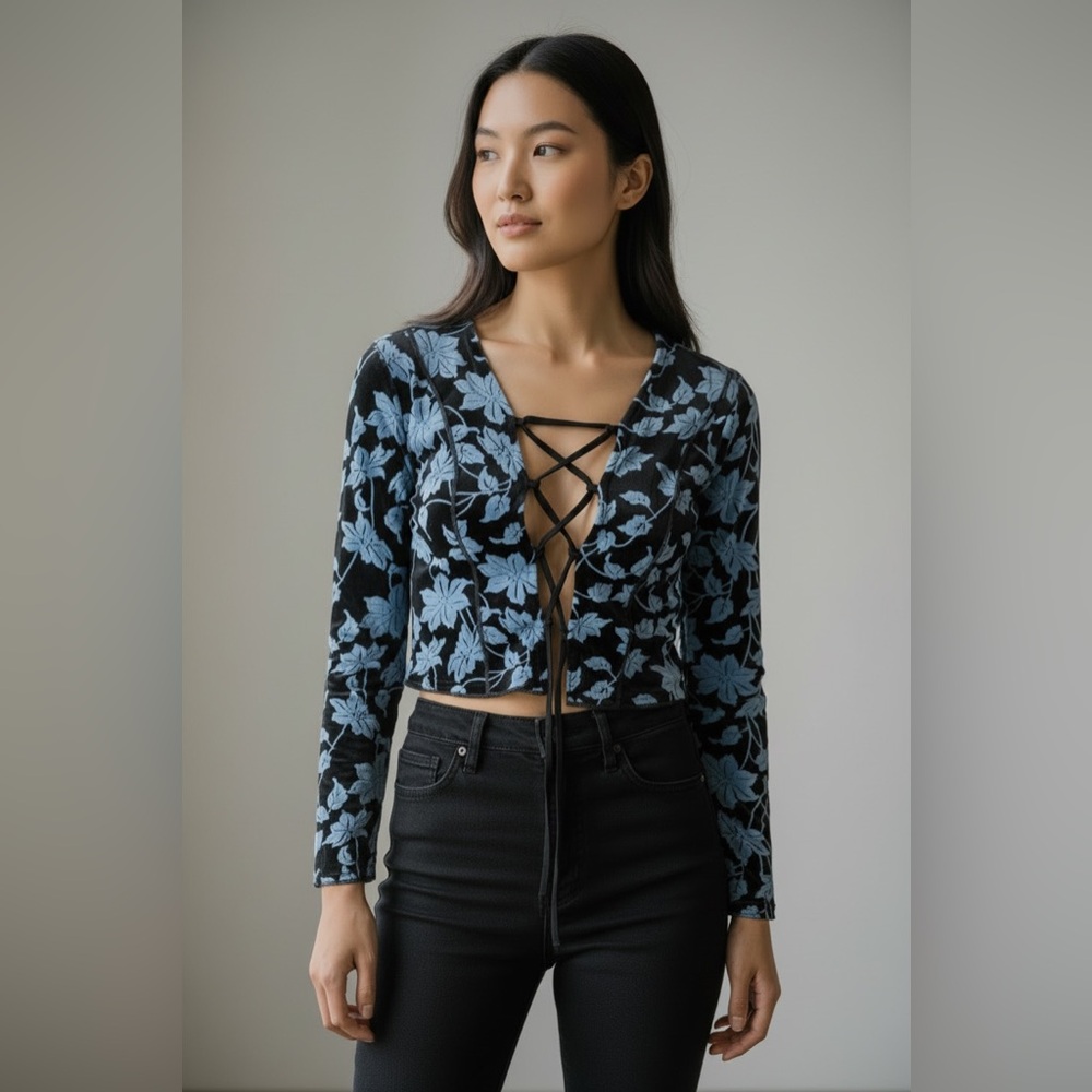 Nasty Gal Black and Blue Floral Velvet Top